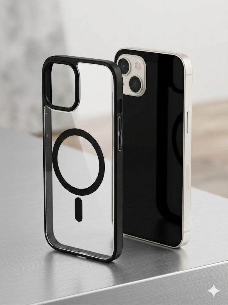 Premium Transparent Black Back Cover for iPhone 14 Plus | Shockproof Protective Case | Anti-Yellowing Crystal Clear Design | Camera Protection | Wireless Charging Support