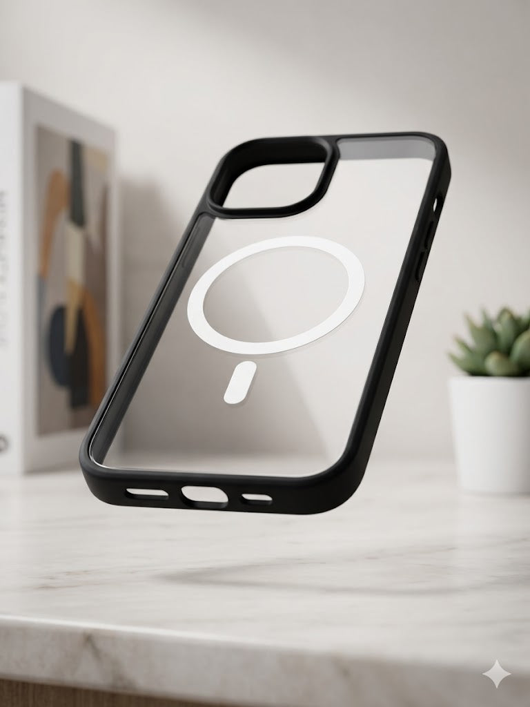 Premium Transparent Black Back Cover for iPhone 14 Plus | Shockproof Protective Case | Anti-Yellowing Crystal Clear Design | Camera Protection | Wireless Charging Support