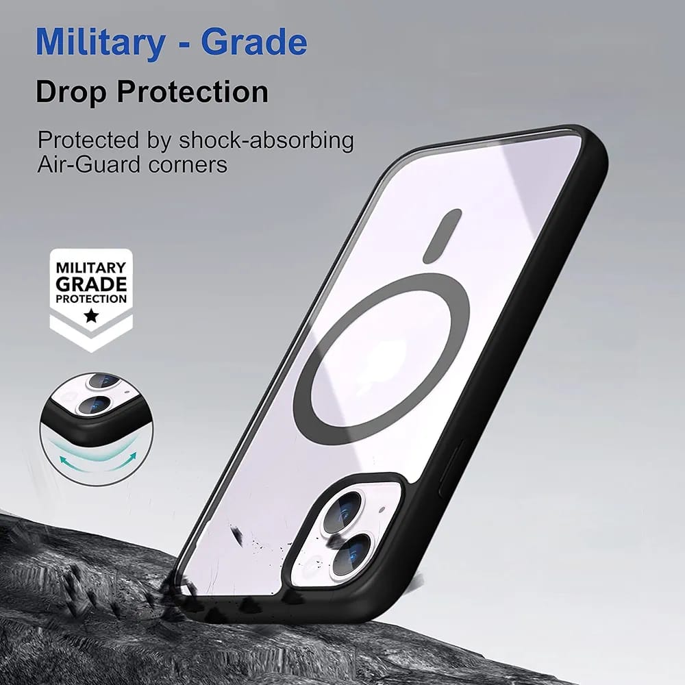 Premium Transparent Black Back Cover for iPhone 14 Plus | Shockproof Protective Case | Anti-Yellowing Crystal Clear Design | Camera Protection | Wireless Charging Support