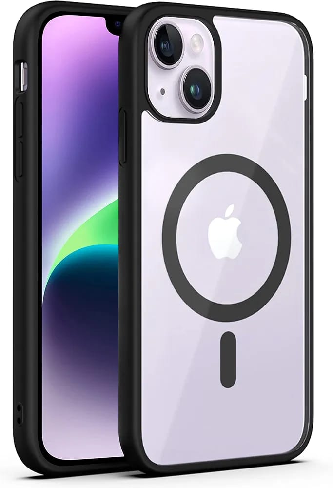 Premium Transparent Black Back Cover for iPhone 14 Plus | Shockproof Protective Case | Anti-Yellowing Crystal Clear Design | Camera Protection | Wireless Charging Support