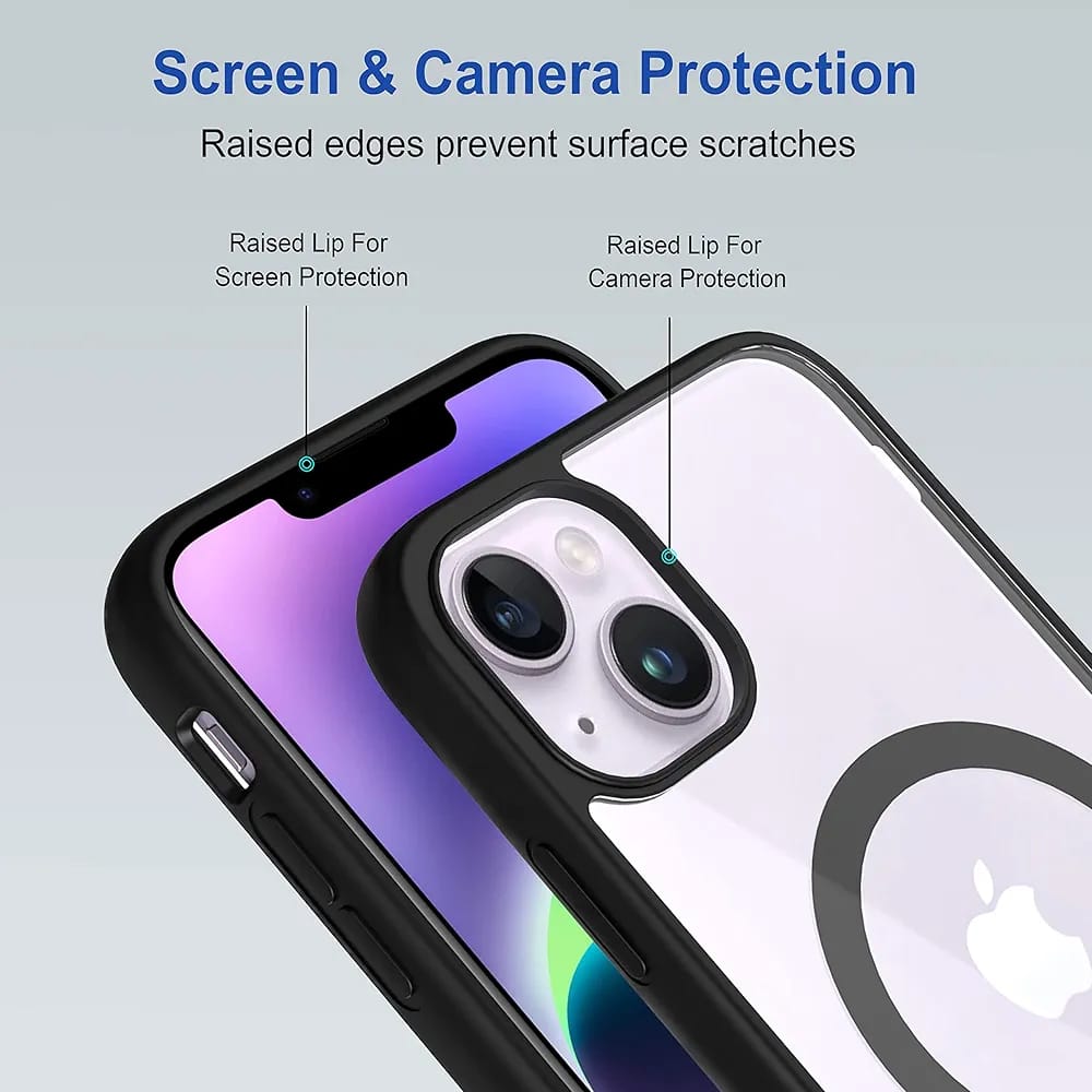 Premium Transparent Black Back Cover for iPhone 14 Plus | Shockproof Protective Case | Anti-Yellowing Crystal Clear Design | Camera Protection | Wireless Charging Support