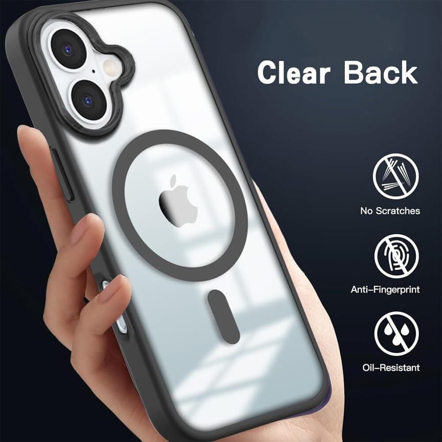 Premium Transparent Black Back Cover for iPhone 16 | Shockproof Slim Fit Case | Anti-Yellowing Crystal Clear Design | Wireless Charging Support | Camera & Screen Protection