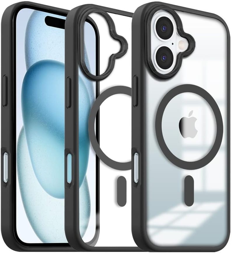 Premium Transparent Black Back Cover for iPhone 16 | Shockproof Slim Fit Case | Anti-Yellowing Crystal Clear Design | Wireless Charging Support | Camera & Screen Protection